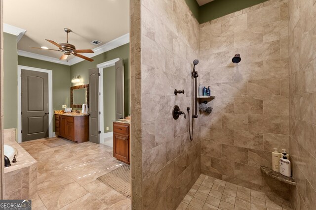 176 Stamp Mill Ln, Dahlonega, GA 30533 - full bathroom with vanity, crown molding, a ceiling fan, tiled shower, and visible vents