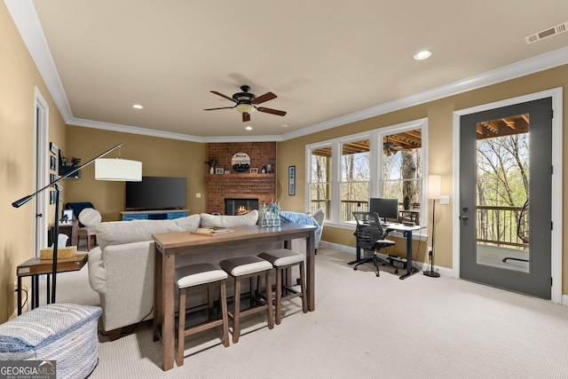 176 Stamp Mill Ln, Dahlonega, GA 30533 - carpeted living area featuring ceiling fan, a fireplace, visible vents, recessed lighting, and baseboards