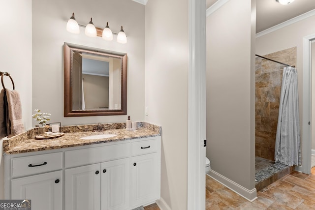 176 Stamp Mill Ln, Dahlonega, GA 30533 - full bathroom featuring toilet, tiled shower, vanity, and ornamental molding