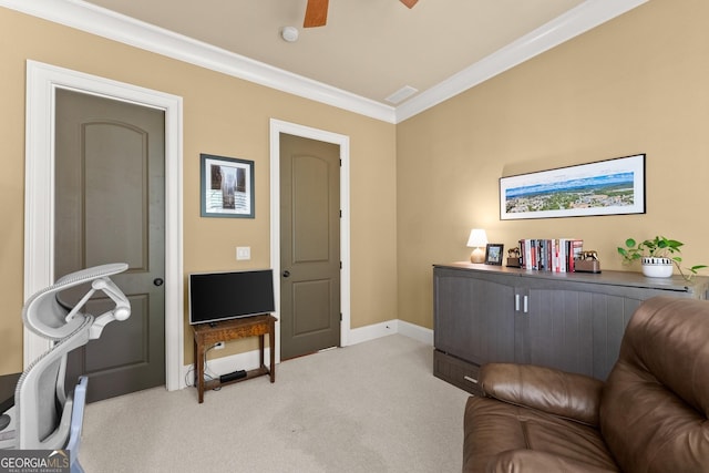 176 Stamp Mill Ln, Dahlonega, GA 30533 - interior space featuring crown molding, ceiling fan, visible vents, light carpet, and baseboards