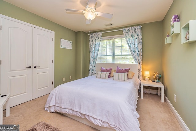 208 Jasmine Ln, Lagrange, GA 30241 - carpeted bedroom with baseboards, visible vents, a closet, and ceiling fan