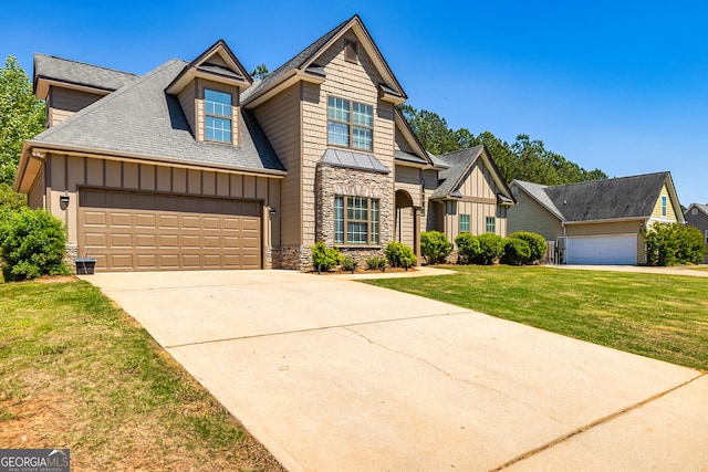 208 Jasmine Ln, Lagrange, GA 30241 - craftsman-style home featuring a front lawn, board and batten siding, driveway, stone siding, and a garage
