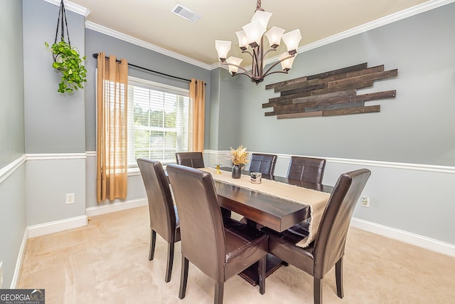 208 Jasmine Ln, Lagrange, GA 30241 - dining room featuring light carpet, visible vents, a chandelier, and ornamental molding