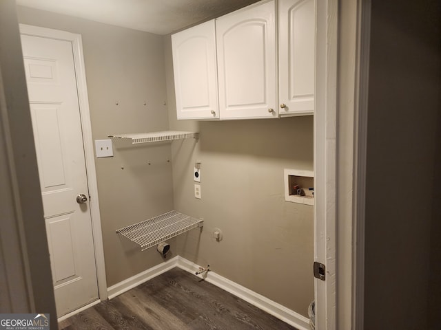 clothes washing area with electric dryer hookup, baseboards, gas dryer hookup, washer hookup, and dark wood finished floors