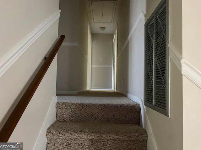 3021 Tiffin Cir, Macon, GA 31204 - stairway featuring attic access, carpet, and a heating unit
