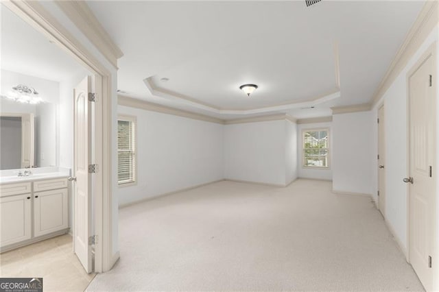 unfurnished bedroom with a raised ceiling, light colored carpet, a sink, and baseboards