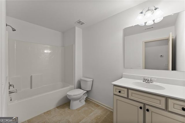 full bathroom with vanity, visible vents, toilet, and tub / shower combination