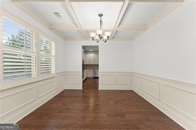 unfurnished dining area featuring visible vents, an inviting chandelier, beamed ceiling, dark wood-type flooring, and a wainscoted wall