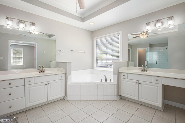 4609 Mctyre Way NW, Marietta, GA 30064 - full bathroom featuring a ceiling fan, plenty of natural light, two vanities, ornamental molding, and recessed lighting