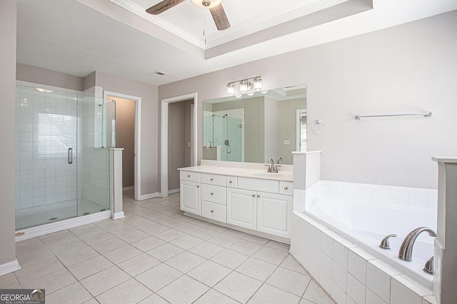 4609 Mctyre Way NW, Marietta, GA 30064 - bathroom with vanity, a bath, ceiling fan, a stall shower, and crown molding