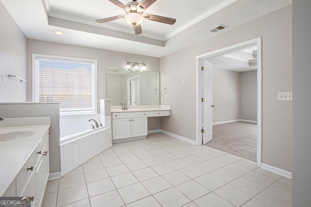 4609 Mctyre Way NW, Marietta, GA 30064 - bathroom with two vanities, crown molding, a garden tub, tile patterned flooring, and ceiling fan