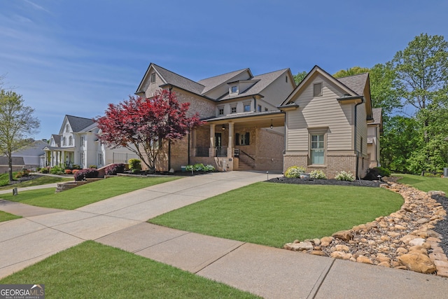craftsman-style house with a porch, brick siding, and a front lawn