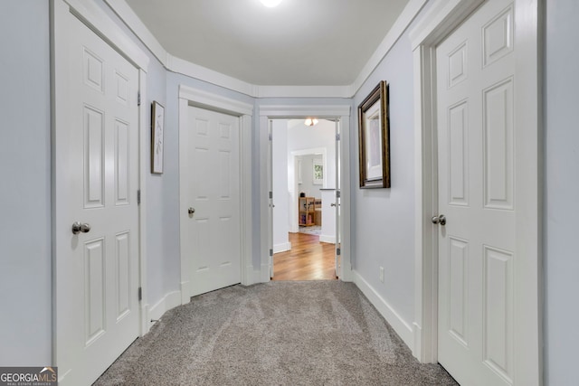 corridor with baseboards and carpet flooring