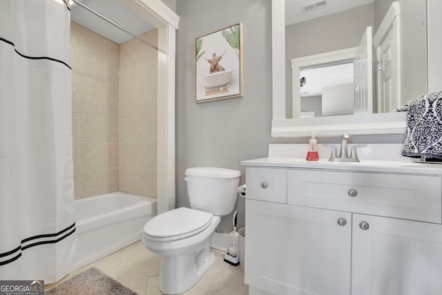full bath featuring vanity, toilet, tile patterned floors, shower / tub combo, and visible vents