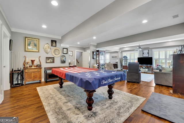 rec room with ceiling fan, recessed lighting, billiards, dark wood-type flooring, and visible vents