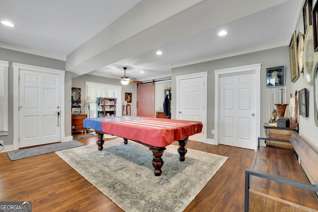 recreation room with pool table, dark wood finished floors, a barn door, baseboards, and recessed lighting