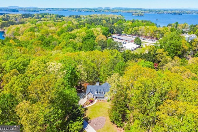 birds eye view of property featuring a wooded view and a water view