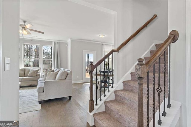 interior space with hardwood / wood-style floors, crown molding, baseboards, and a ceiling fan