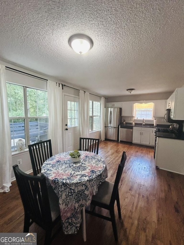 dining room with plenty of natural light, dark wood-style flooring, and a textured ceiling