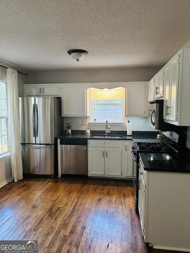 kitchen featuring a sink, appliances with stainless steel finishes, a wealth of natural light, and dark countertops