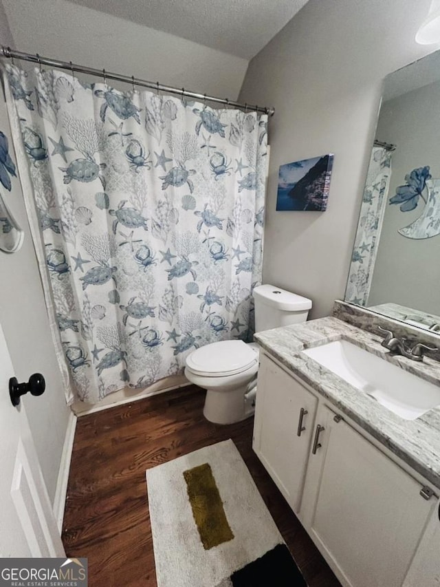 full bath featuring vanity, wood finished floors, toilet, a shower with shower curtain, and a textured ceiling