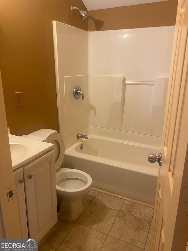 full bathroom featuring toilet, tile patterned floors, shower / bath combination, and vanity