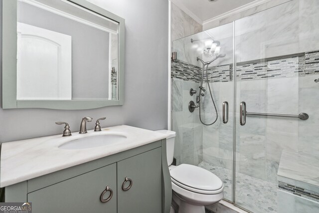 2404 Northlake Ct, Atlanta, GA 30345 - bathroom with toilet, a stall shower, vanity, and crown molding