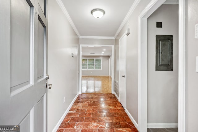2404 Northlake Ct, Atlanta, GA 30345 - hallway with visible vents, ornamental molding, baseboards, and electric panel