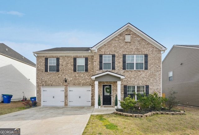 3464 Enterkin Ln, Atlanta, GA 30349 - view of front of home with brick siding, a garage, driveway, and a front lawn