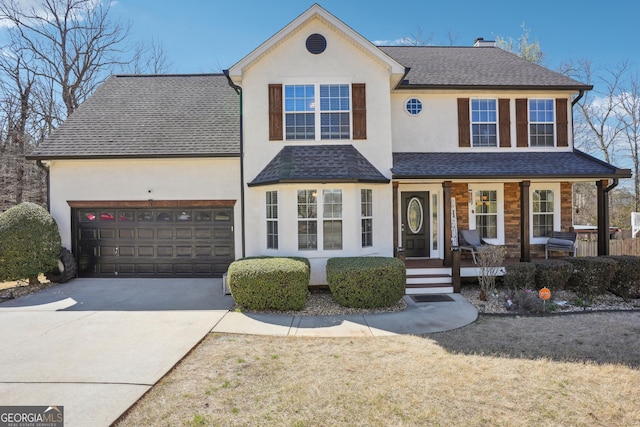 161 Hunters Chase, Mcdonough, GA 30253 - traditional home featuring a porch, a shingled roof, stucco siding, and driveway