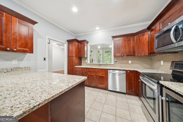 171 Riverview Trl, Roswell, GA 30075 - kitchen with appliances with stainless steel finishes, backsplash, ornamental molding, light stone counters, and light tile patterned flooring