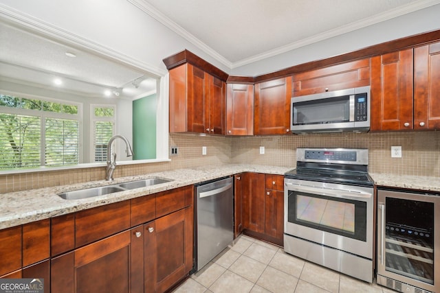 171 Riverview Trl, Roswell, GA 30075 - kitchen featuring wine cooler, appliances with stainless steel finishes, crown molding, light tile patterned flooring, and decorative backsplash
