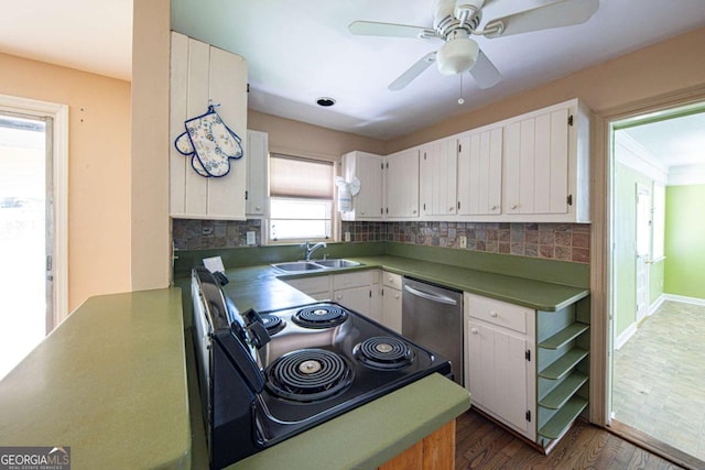 kitchen with white cabinetry, dishwasher, a sink, black electric range oven, and decorative backsplash