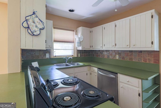 kitchen featuring white cabinets, black electric range, dishwasher, a sink, and decorative backsplash