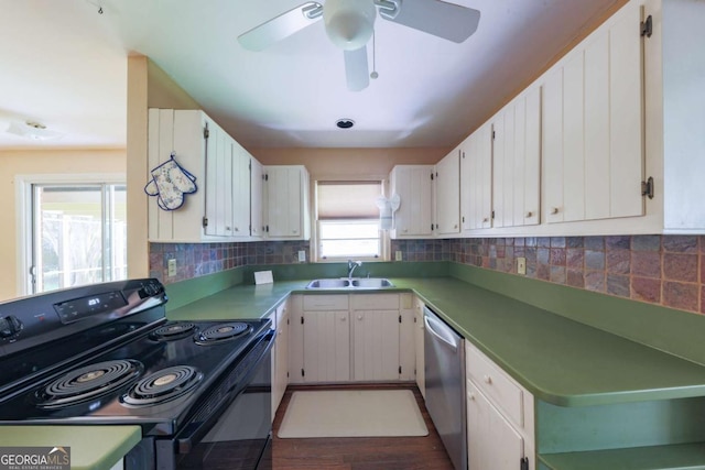 kitchen with ceiling fan, stainless steel dishwasher, electric range, a sink, and decorative backsplash