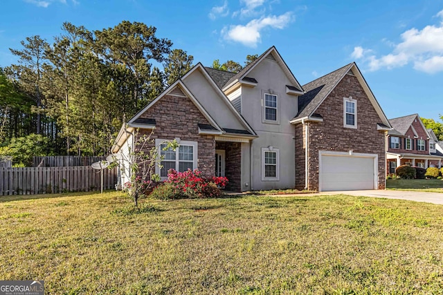 113 Highgrove Pl, Mcdonough, GA 30253 - view of front facade featuring stone siding, a garage, stucco siding, fence, and driveway