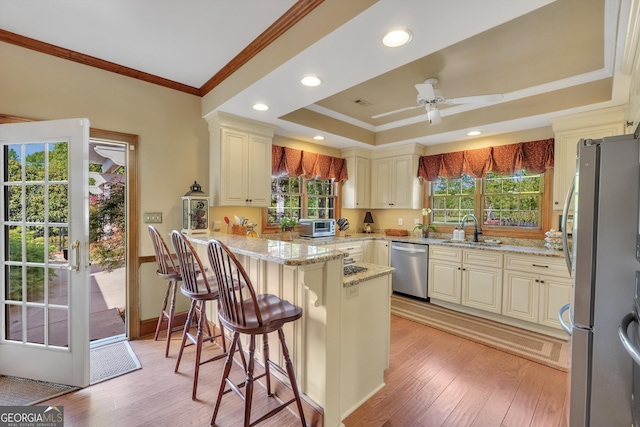 kitchen with crown molding, light wood-style floors, a peninsula, and stainless steel appliances