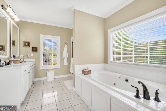 bathroom with tile patterned floors, a jetted tub, vanity, and ornamental molding