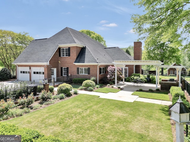 rear view of house with a pergola, a patio area, an attached garage, fence, and brick siding