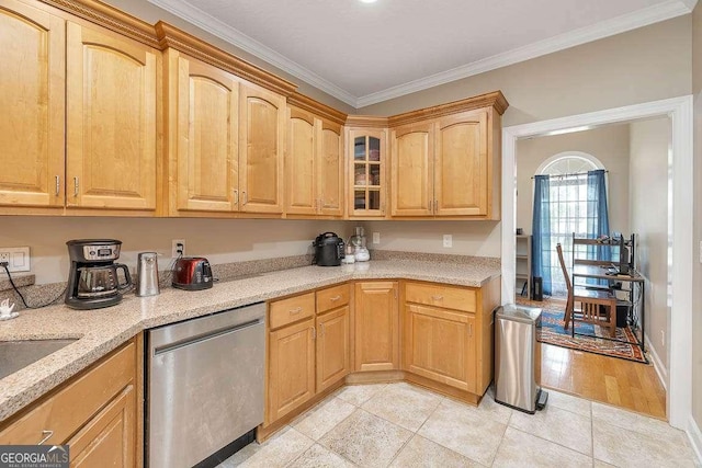 145 Spring Lake Cir, Brunswick, GA 31525 - kitchen with light tile patterned floors, glass insert cabinets, crown molding, light stone countertops, and dishwasher
