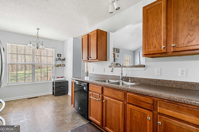 33 Blue Springs Way, Dallas, GA 30157 - kitchen with black dishwasher, a sink, dark countertops, a textured ceiling, and brown cabinets