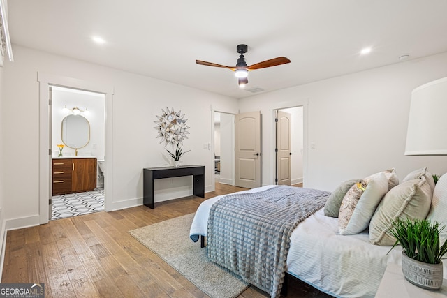 bedroom with recessed lighting, hardwood / wood-style floors, visible vents, baseboards, and ceiling fan