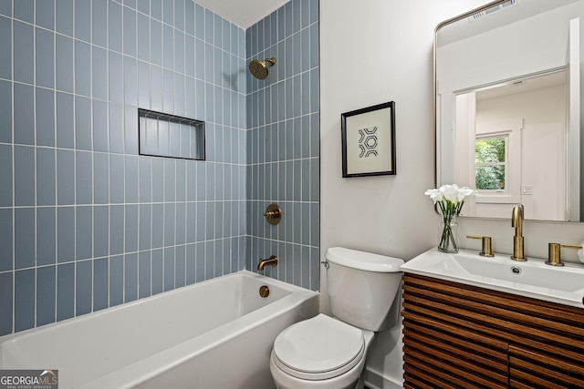 bathroom with shower / bath combination, visible vents, toilet, and vanity