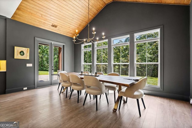 1472 Grizzle Rd, Dawsonville, GA 30534 - dining space with vaulted ceiling, wooden ceiling, a chandelier, healthy amount of natural light, and wood finished floors