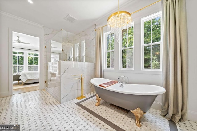1472 Grizzle Rd, Dawsonville, GA 30534 - ensuite bathroom featuring healthy amount of natural light, a marble finish shower, a freestanding bath, tile walls, and crown molding