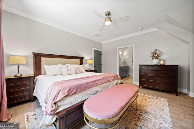 1472 Grizzle Rd, Dawsonville, GA 30534 - bedroom featuring crown molding, light wood-style flooring, baseboards, ensuite bath, and ceiling fan