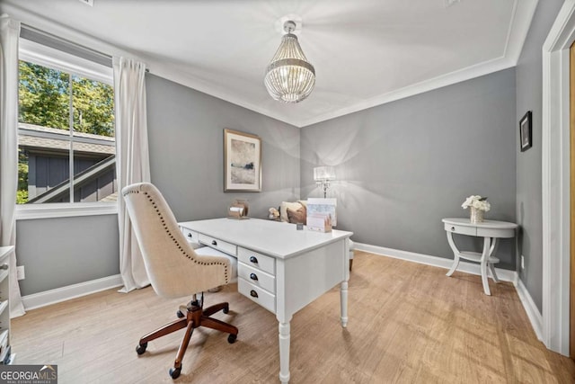 1472 Grizzle Rd, Dawsonville, GA 30534 - office area with a chandelier, baseboards, light wood finished floors, and ornamental molding