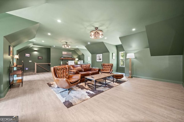 1472 Grizzle Rd, Dawsonville, GA 30534 - living room with baseboards, wood finished floors, lofted ceiling, recessed lighting, and a ceiling fan