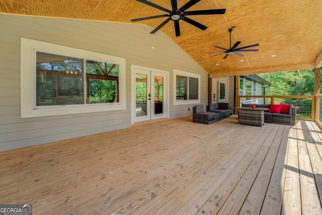 deck with a ceiling fan, french doors, and an outdoor hangout area