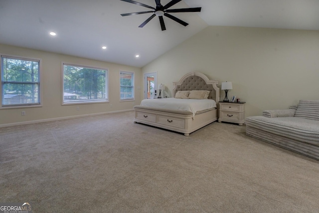 bedroom featuring light carpet, recessed lighting, baseboards, a ceiling fan, and lofted ceiling
